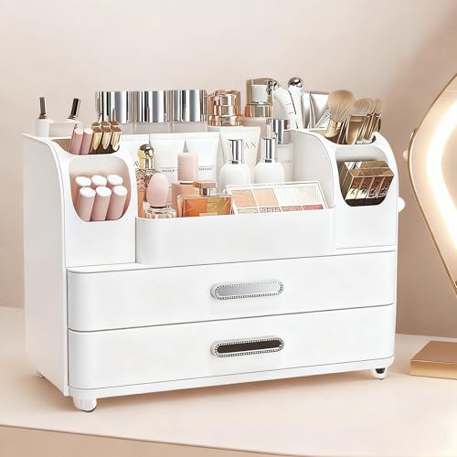 Makeup Organizer with 2 Drawers, Cosmetic Display Case, Storage Holder for Vanity, Bathroom Counter, Desk, Beauty Supplies (All White)