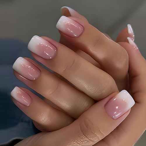Medium Square Press On Nails Girls Fake Nails with Pink to white Ombre Simple and Stylish Design, Acrylic Artificial False Nails Press On Stick On Nails for Women