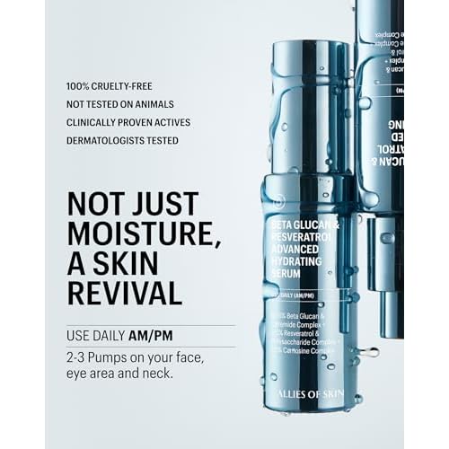 Allies of Skin Beta Glucan & Reservatrol Advanced Hydrating Serum | Plumping Face Serum with Ceramides, Peptides and Hyaluronic Acid | For Sensitive and Dry, Dehydrated Skin (1 Fl oz)