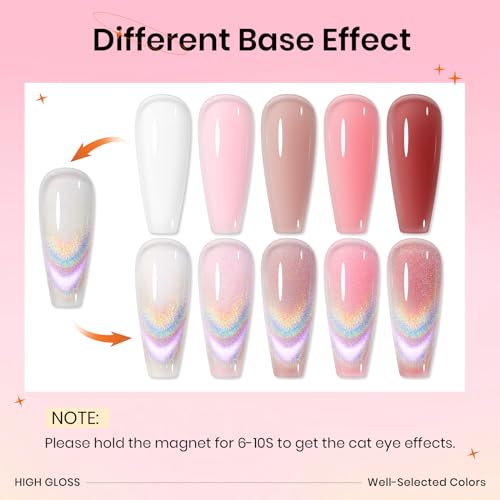 Cat Eye Gel Nail Polish Set With Magnetic, 5 Colors Translucent Nude Pink White Jelly Gel, Universal Rainbow Cat Eye, Glitter Holographic for Home DIY Manicure