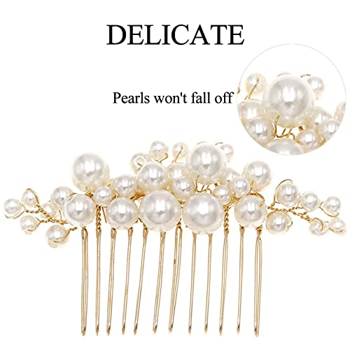 Wedding Pearl Hair Combs Set of 5 Pieces - Prom Hair Pins Accessories for Bridal Women (Gold)
