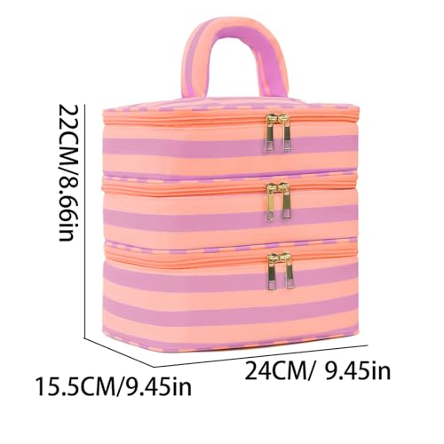 Three Layer Makeup Bag for Women Fashion Stripes Cosmetic Bag Preppy Style Travel Water-Resistant Toiletry Bag for Storage Toiletries Cosmetics Sets for Women Teen Girls Purple