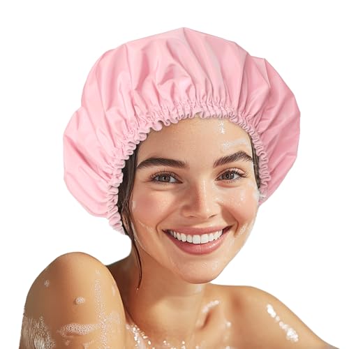 Shower Cap for Women, Double Layer Waterproof Bath Cap, Reusable Hair Protector, Large Waterproof Shower Bonnet Washable Elastic Band Bath Hair Hat for Long Hair, Braids£¬ - Pink