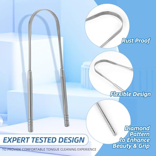 6 Pack Tongue Scraper - Reusable & Easy to Clean Tongue Scrubber with Travel Case for Adults & Kids - Medical-Grade 100% Stainless Steel Tongue Cleaner for Fresh Breath & Oral Care