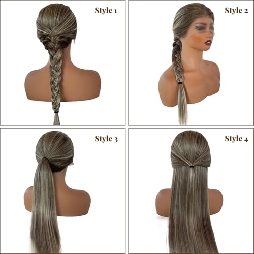 18 Inch Highlights Brown Human Hair Wigs for White Women Ombre Ash Brown Mixed Balayage Blonde with #3 Brown Roots 13x6 HD Glueless Lace Front Wig Human Hair 180% Density Pre Plucked Bleached Knots