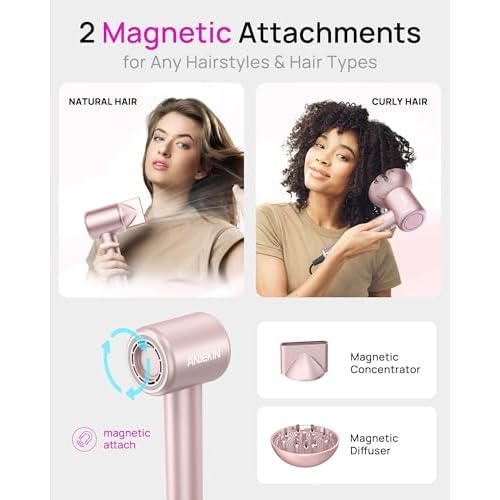 Hair Dryer, High-Speed Ionic Low Noise Blow Dryer with Brushless Motor for Fast Drying, Thermo-Control Quiet Compact Hair Blow Dryer with Magnetic Diffuser for Curly Hair for Home Travel Salon