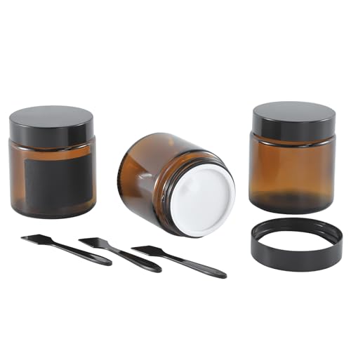 4Oz Amber Small Glass Jars with Lids, 3Pack Lotion Container, Cosmetic Containers, Little Travel Jars for Creams with Mini Spoon