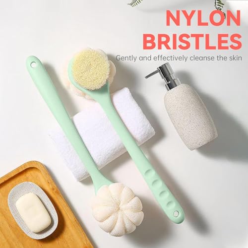 Back Scrubber for Shower, 15.7" Loofah with Handle, Back Shower Brush with Bristles and Loofah, Dry Brushing Body Brush for Cleanse Back and Hard to Reach Areas with Curved Long Handle