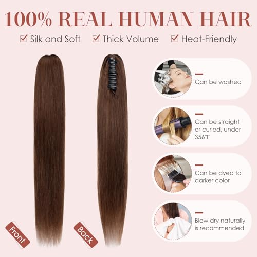 Human Hair Claw Clip Ponytail, Claw Clip Human Hair Ponytail,Effortless Application with Secure Hold,Style in Seconds,Quick Styling Solutions for Busy Lives, 22"/120g Medium Brown