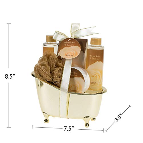 White Rose Jasmine Spa Set For Women in Elegant Gold Tub Includes Shower Gel, Bubble Bath, Body Lotion, Jasmine Bath Salt, Pouf, Award Winning Bath Body Set