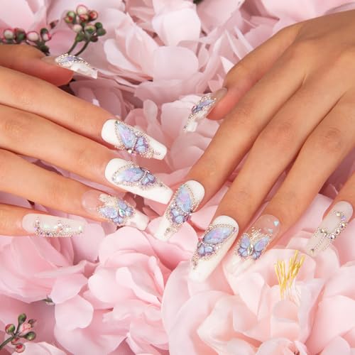 LOVFUL Press on Nails Holly Blue | Handmade with Full Covered Crystals | Reusable Fake Nails | Coffin Classic Regular 1.3 in | H23-M