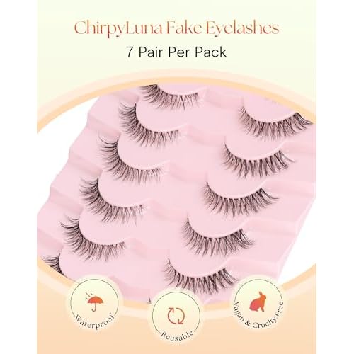 Eyelashes Natural Lashes Cat Eye 12MM Fake Eyelashes Wispy C Curl Lash Strips False Lashes Pack with 0.1MM Clear Band 3D Volume False Eyelash ChirpyLuna 7 Pair
