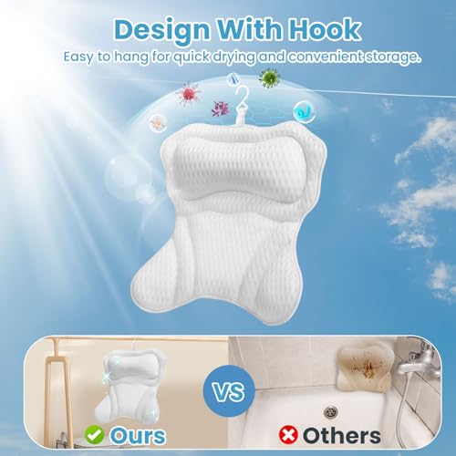 Bath Pillows for Tub, Bath Pillow Luxury Bathtub Pillow for Head and Neck Support, Soft 4D Air Mesh Bath Tub Pillow with Non Slip Suction Cups, Laundry Bag, Spa Gifts Bathtub Accessories for Women Men