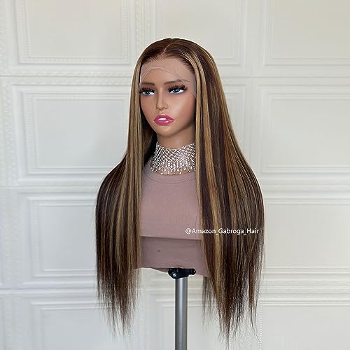 Honey Blonde Lace Front Wigs Human Hair Glueless HD Transparent Lace 13x4 Pre Plucked Highlight 4/27 Colored Wigs Straight 150% Density 18 inch for Black Women