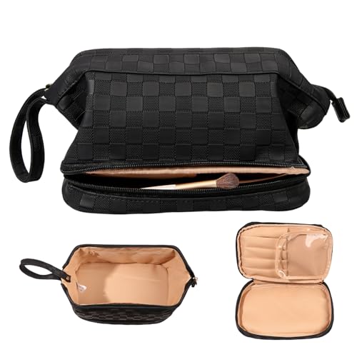 Abiudeng Large Capacity Makeup Bag Ladies Cosmetic Bag Travel Bag with Compartments Portable PU Leather Travel Makeup Bag with Handle