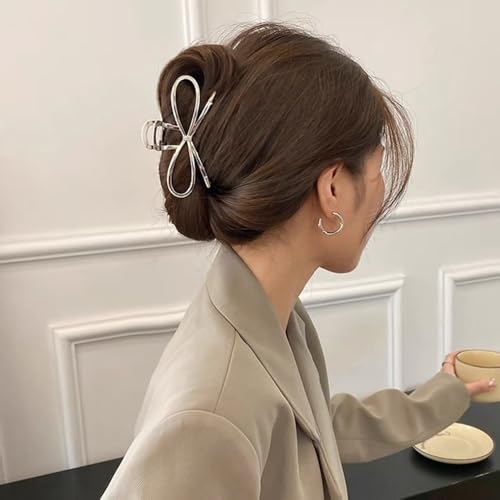 1Pcs Metal Silver Bow Hair Claw Clips - Large Fashion Hair Accessories for Women Girls, Strong Hold Alloy Elegant Jaw Grip Clips for Thin or Thick Hair Styling