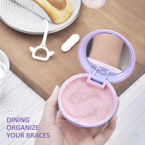 Retainer Case with Mirror and Lanyard,Slim Aligner Case with Vent Holes,Cute Dental Brace Box with Retainer Removal Tool and Brush (Purple Pink with Lanyard)