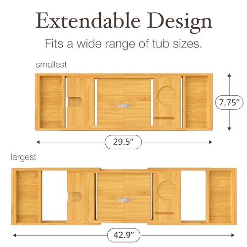 Bathtub Tray - Expandable Bamboo Bath Tray for Tub with Wine Glass Holder, Book & Tablet Stand - Wooden Bathtub Caddy Tray Table for Bathroom Accessories, Spa Relaxation, Housewarming & Wedding Gift