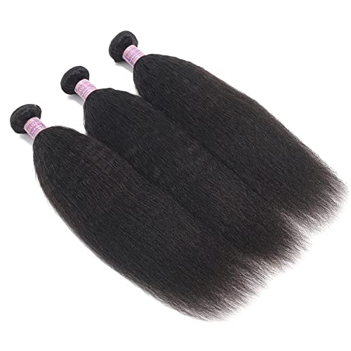 Kinky Straight Human Hair 3Bundles Natural Black Yaki Straigh Brazilian Virgin Remy Hair Grade 10A 100% Unprocessed Kinky Straight Human Hair Extensions (8 10 12 Inch, 3 Bundles)