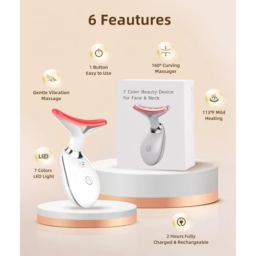 7 Color Face and Neck Massager Light Therapy, Red Light Based Facial Massager for Skin Care, Firming, Smoothing (White)