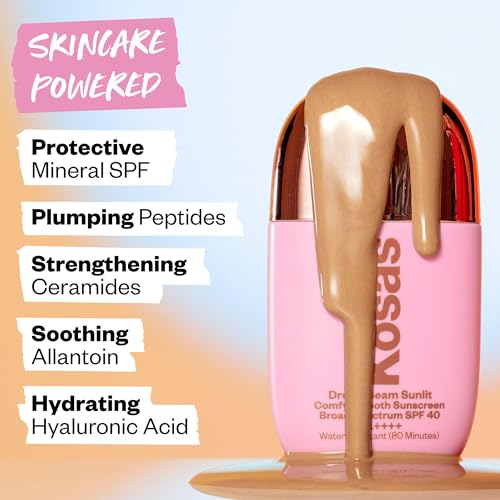 Kosas Mini DreamBeam Water Resistant Sunscreen SPF 40, Travel Size Face Sunscreen - Lightweight Makeup Base w/Hyaluronic Acid, Ceramides & Peptides - Golden Glow, Sunlit, 15ml