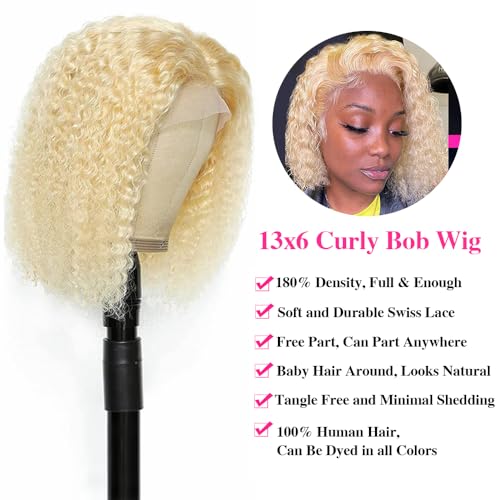 613 13x6 Lace Front Wigs Human Hair Blonde Bob Human Hair Wigs Short Curly Bob Wigs for Black Woman Glueless 613 Frontal Wigs Pre Plucked With Baby Hair 180% Density (10 Inch)