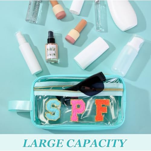 Pinkunn Chenille Letter Bag Clear Makeup Pouch Cute Preppy Letter Patch Cosmetic Bag with Zipper Nylon Waterproof Portable Travel Purse Toiletry Organizer for Appreciation Gift(Teal,Spf)