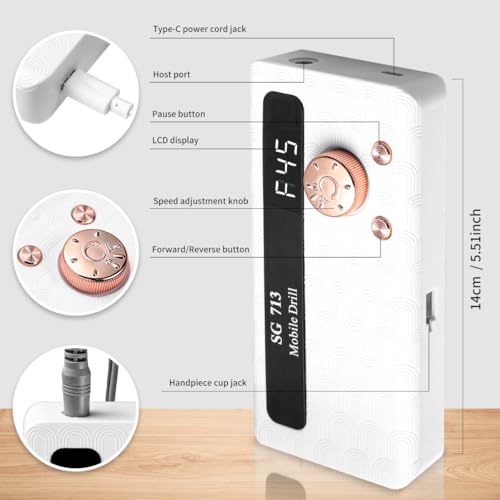 Electric Nail Drill - 45000RPM Portable Nail Drill?Rechargeable Nail E-File Kit with 11 Bits & Base?LED Screen?Ultra-Silent, Rechargeable Nail Drills Machine for Acrylic Nails Gel Polishing(White)