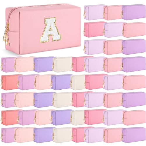 Cunno 50 Pcs Makeup Bag Bulk PU Leather DIY Cosmetic Plain Preppy Makeup Pouch Portable Waterproof Toiletry Bags for Women Travel Pencil Case Cosmetic Organizer (Pink Purple)