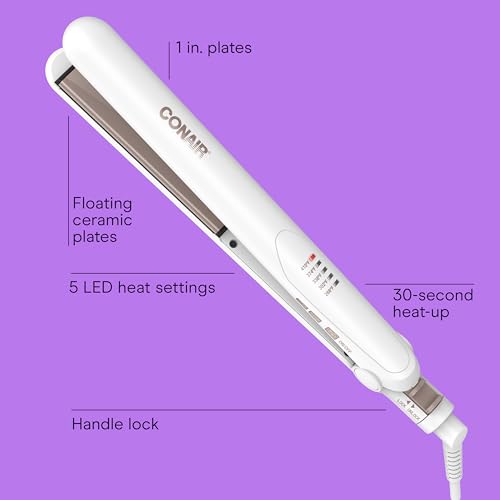 Conair Double Ceramic Flat Iron, 1-Inch Flat Iron Hair Straightener, Five Heat Settings, Extra Long Floating Plates, White