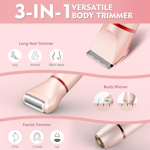 Bikini Trimmer for Women, 3 in 1 Electric Razors for Women, Rechargeable Electric Bikini Shaver, Waterproof Pubic Hair Trimmer and Facial Hair Remover with LED Display