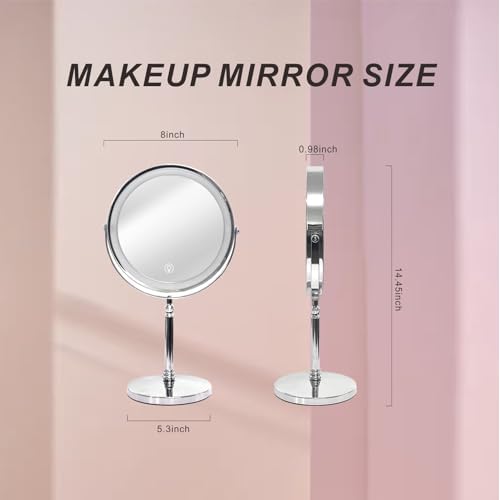 Makeup Mirror with Lights £¬8 Inch 1X/10X Rechargeable Double Sided Magnifying , 360¡Æ Rotation LED HD Mirror with 3 Colors£¬Brightness Adjustable, Ideal for Daily Skincare and Professional Makeup