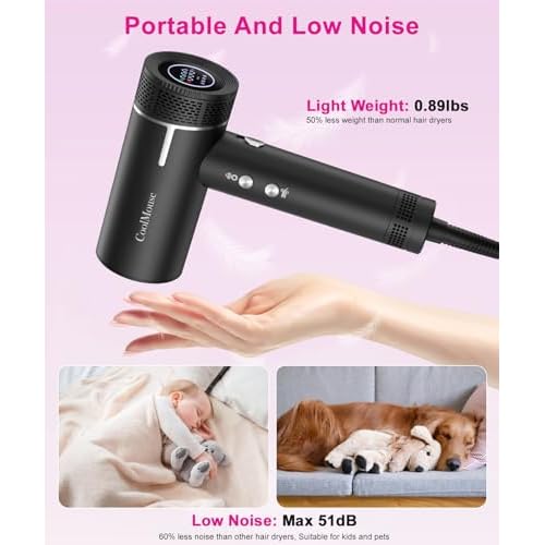 High-Speed Ionic Hair Dryer: 160000 RPM Brushless Motor Fast Drying Low Noise Thermo-Control Hairdryer,500 Millions Negative Ionic Care Blow Dryer Travel with Magnetic Diffuser & Nozzle