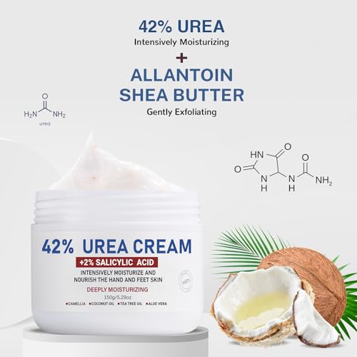 OUKEYA Urea Cream 42% plus Salicylic Acid 2% Net 5.29 Oz for Dry Cracked Feet,Heels,Knees,Elbows,Hands Repair Treatment Moisturizes and Removes Corns,Calluses,Dead Skin,and Softens Toenails Pack of 4