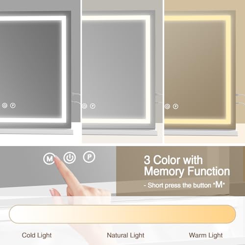 Vanity Mirror with Lights, 31.5" x 23.6" Large Makeup Mirror with LED Lights, Smart Touch Dimmable 3-Color Light, Memory Function, USB Charging Port