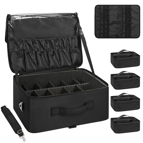 Relavel Extra Large Makeup Case Professional Cosmetic Storage Organizer Box Brush Holder with 4 Clear Set Bags & Lipstick Plate for Makeup Artists with Shoulder Strap & Adjustable Dividers