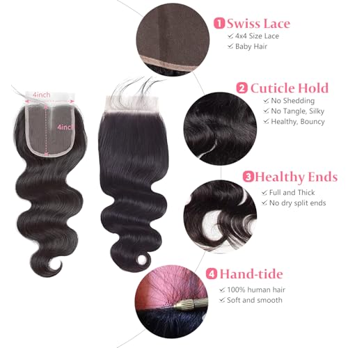 4x4 Lace Closure Human Hair Body Wave Transparent Lace Closure Free Part 100% Unprocessed Brazilian Human Hair Closure 150% Density Pre Plucked With Baby Hair Natural Black Color 20 Inch