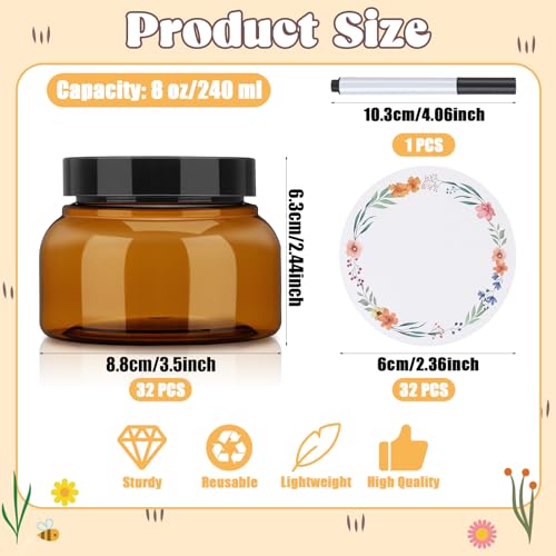 32 Pack 8 oz Plastic Sugar Scrub Containers with Lids, Body Butter Jars Amber Empty Refillable Round Cosmetic Containers for Creams,Lotions,Candy,Bath Salt,Gel