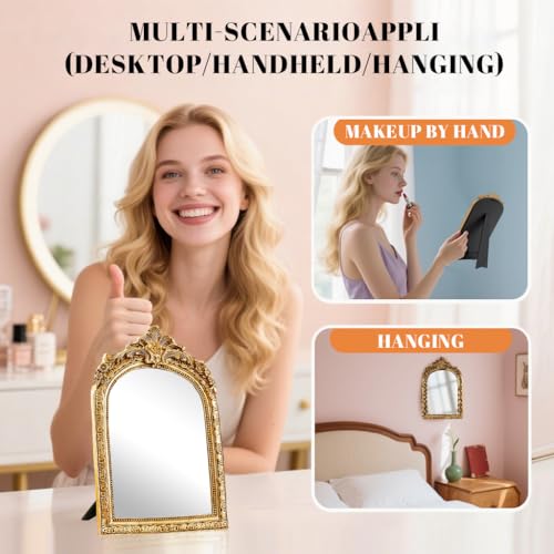 YUSONG Vintage Makeup Mirror for Tabletop - 8" Antique Gold Arched Desk Mirrors with Resin Frame Vanity Table Mirror for Bedroom Living Room Retro Decor