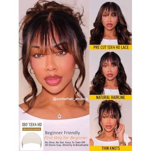 Sunber Ombre Brown Loose Body Wave With Bangs Pre Everything Glueless 13x4 HD Lace Front Human Hair Wig 180% Density Highlight Balayage Pre cut Lace Pre Plucked Bye Bye Knots Drawstring Wig 20Inch