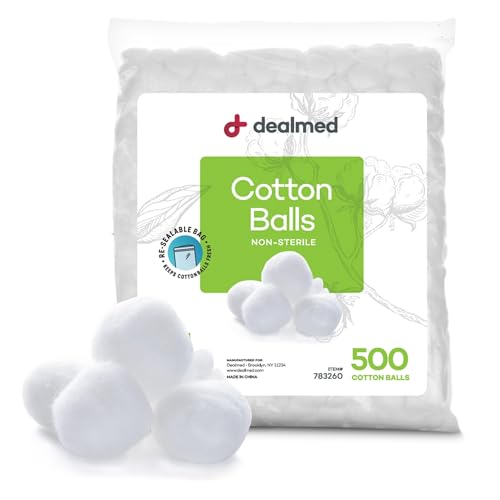 Dealmed Cotton Balls for Face, Makeup & Nail Polish Remover, Medical Uses, & DIY Crafts | Non-Sterile Bulk Pack | Resealable Zip-Locked Bag | 100% Pure Cotton - Soft, Absorbent, Gentle (500 per Bag)