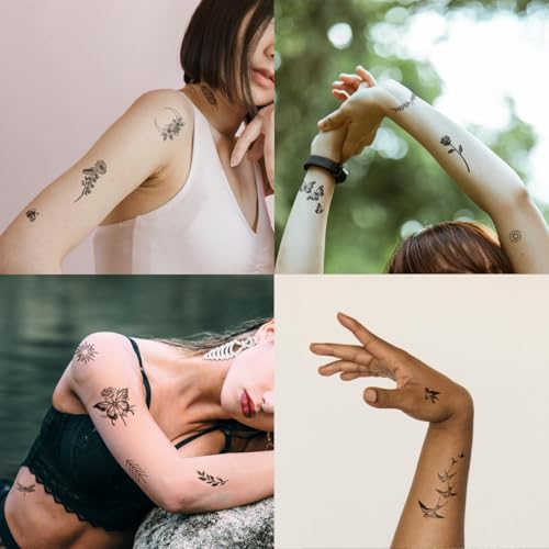 One Grace Mini Nature Temporary Tattoos - Realistic Long Lasting Waterproof Tiny Tattoos - Black and White Butterflies Bird Flower Rose Tree Branch Boho Small Tattoos for Women and Men