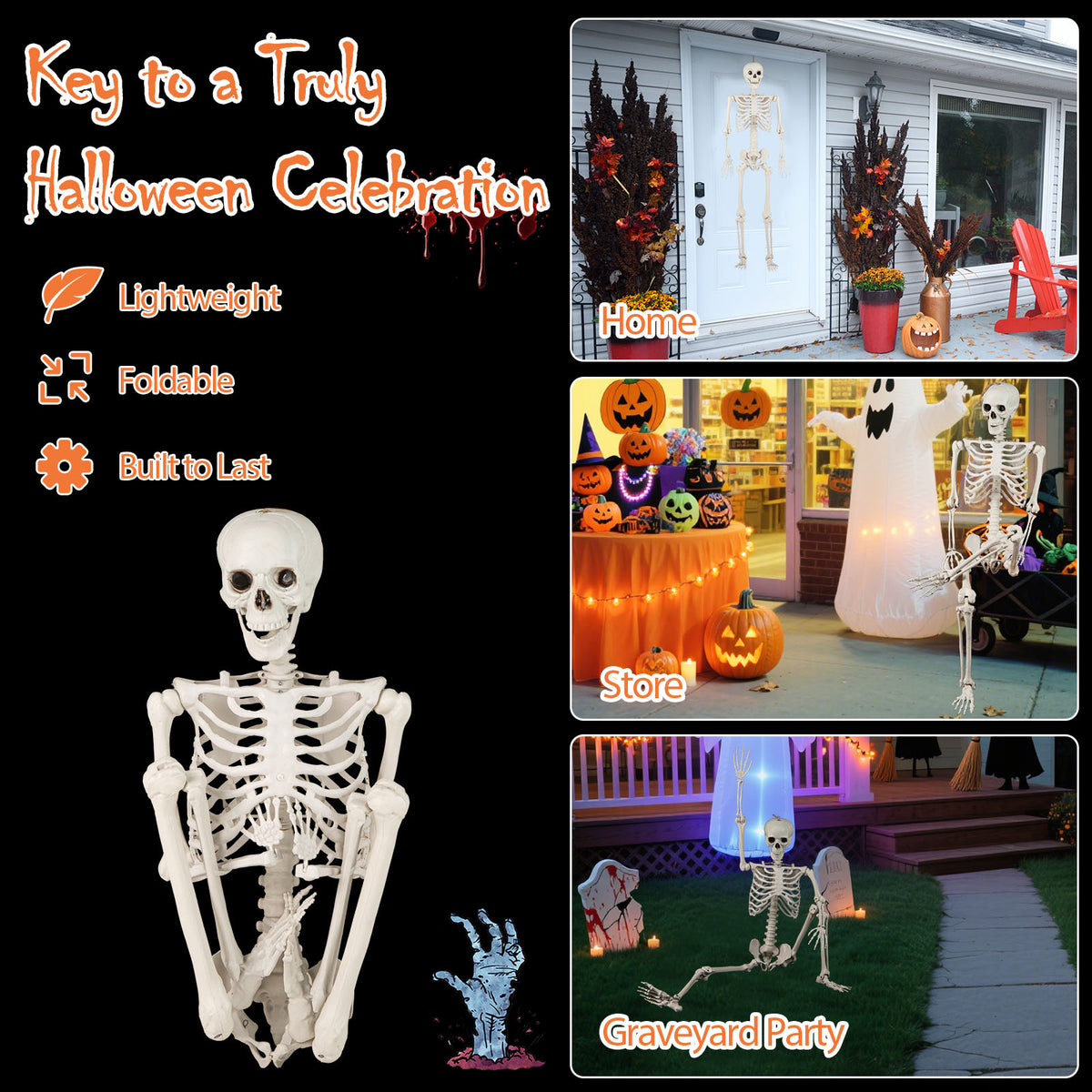 Life Size Halloween Skeleton Decoration 5.4 ft Outdoor & Indoor Prop