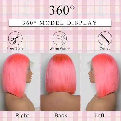 Pink Bob Wig Human Hair 10 Inch 13x4 Cotton Candy Pink Straight HD Lace Frontal Wig Human Hair Pre Plucked with Baby Hair Bubblegum Lace Closure Human Hair Wig 150 Density for Women