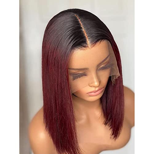 Blunt Cut Human Hair Straight #1B/99J burgundy 13X6 HD Transparent Lace Front Wig with Baby Hair 100% Virgin Glueless Brazilian Remy 150% Density for Black Women 12 Inch