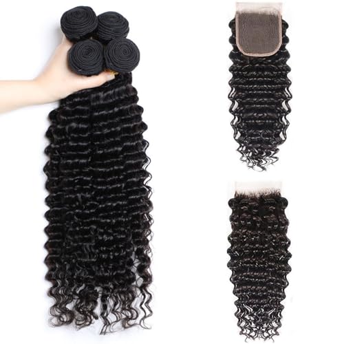 Deep Wave Bundles with Closure Human Hair 18 20 22 24 inch Human Hair Bundles with Closure 16 inch 5x5 HD Lace Free Part 100% Unprocessed Virgin Hair Natural Color Soft