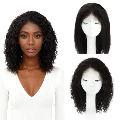 WORLDSTAR Lace Front Wigs Human Hair Water Wave Wigs for Black Women Curly Natural Black 14 Inch 120G Human Hair Wig Natural Baby Hair 100% Unprocessed Human Hair 13x4 Free-Style Parting (wig#B-533)