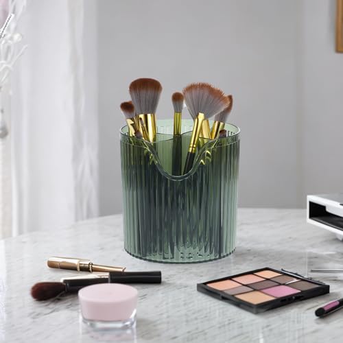 VOCOSTE Makeup Brush Cup, Makeup Organizer, 4 Slot Makeup Brush Holder, Cosmetics Storage Cup, for Vanity for Desktop, for Bathroom Countertops, Clear Green