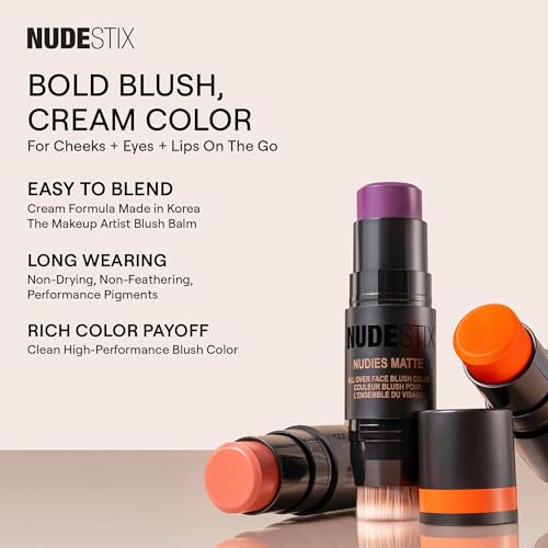 Nudestix Nudies Blush Stick ? 3-in-1 Cream Blush for Cheeks, Eyes & Lips with Built-In Brush | Soft Matte Finish for a Natural Flush