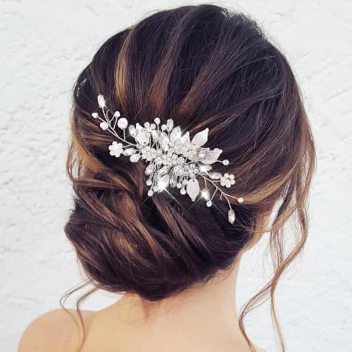 JEAIRTS Crystal Hair Comb Silver Bridal Pearl Headpiece Wedding Hair Accessories for Women